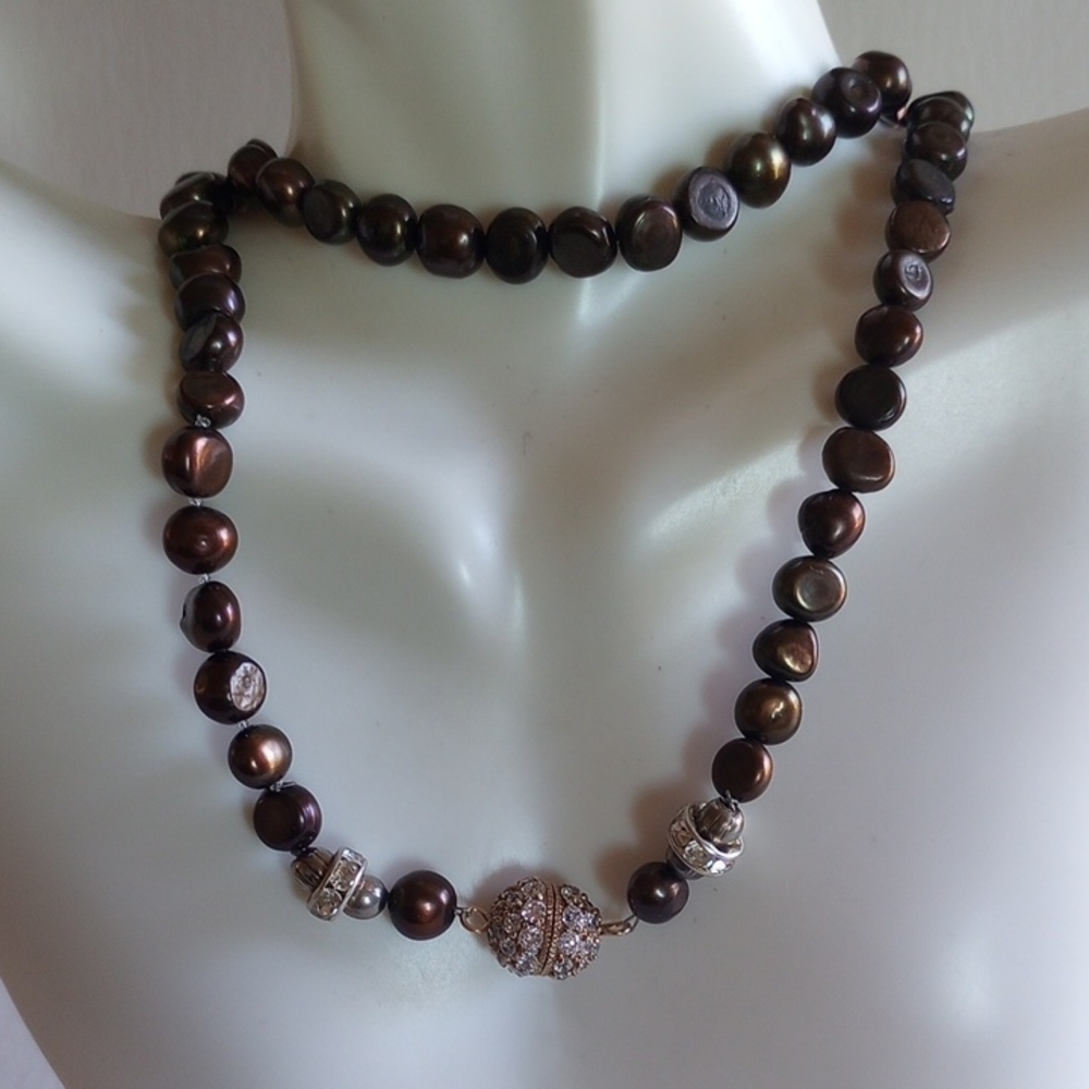 TAHITIAN BLACK PEARL BAROQUE PEACKOK  FAUX DIAMONDS CLASP NECKLACE 23" LONG